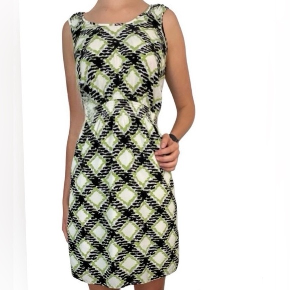 Banana Republic Diamond Print Sleeveless Sheath Dress Green Black & White Size 0 - Picture 1 of 13